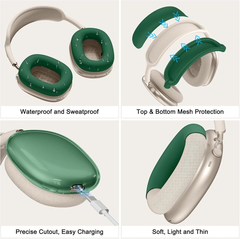 MINDRESY [4 in 1] Silicone Case Cover for AirPods Max,Clear Soft TPU Ear Cups Cover/Ear Pad Case/Headband Covers for AirPods Max (2024/2020),Transparent Accessories for Apple AirPod Max (USB-C),Dark Green - Image 5